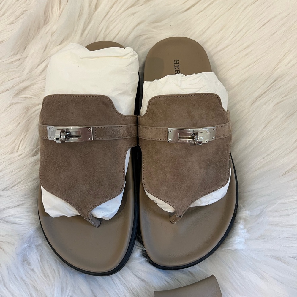 Hermès Empire Brown Suede Sandals with Silver Buckle